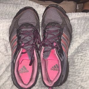 Adidas black and pink running shoes